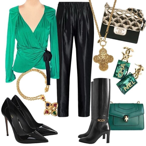 Diane von Furstenberg  Wrap Top Sz.M Green Sash Black Belt Bow Long Sleeve - Picture 2 of 16